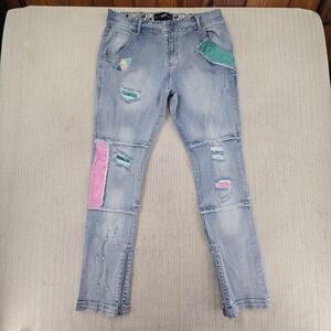 Blac Leaf Jeans Mens 36x32 Blue Slim Tapered Distressed Patchwork Ankle Zip